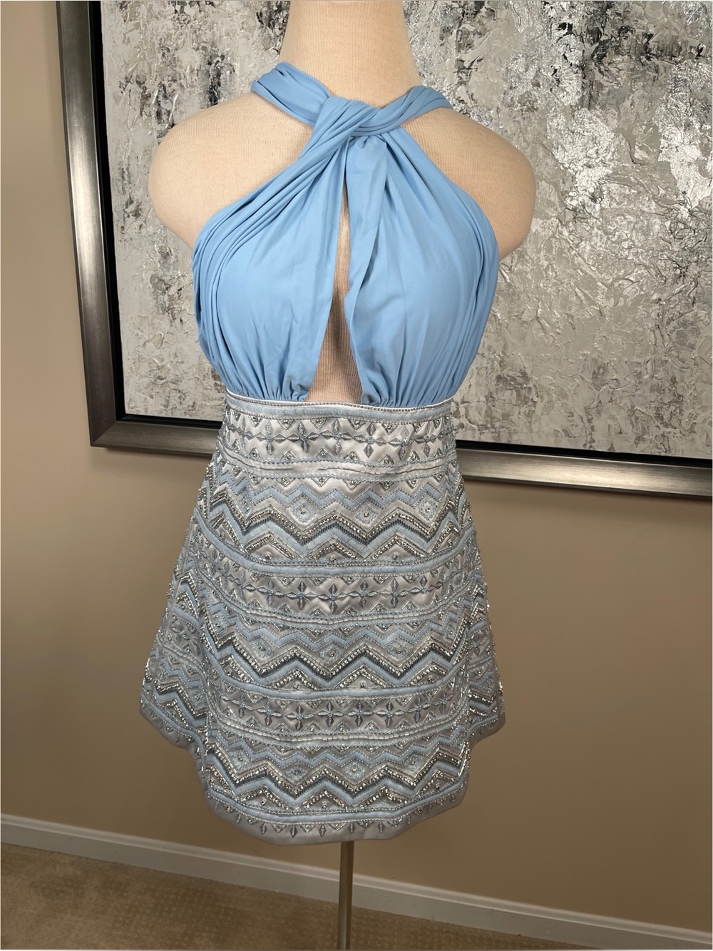DES PHEMMES Sequin Embellished Halterneck
Blue Mini Dress Size Large - Picture 3 of 11